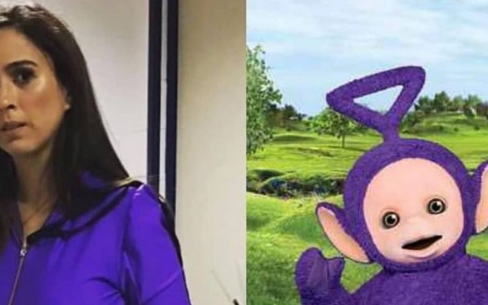 Tata Werneck de macacão roxo e personagem Tinky Winky, do desenho animado Teletubbies; atriz virou meme e entrou na brincadeira - REPRODUÇÃO/INSTAGRAM