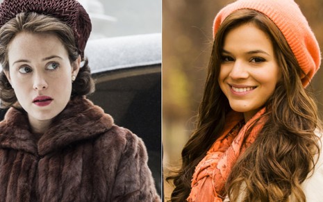 Claire Foy em cena de The Crown e Bruna Marquezine na novela Em Família: cronologia bizarra - Divulgação/Netflix/TV Globo
