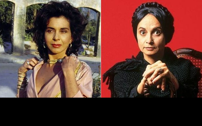 Betty Faria (à esq.) e Joana Fomm interpretaram as irmãs Tieta e Perpétua na novela de 1989 - Imagens: Reprodução/Globo