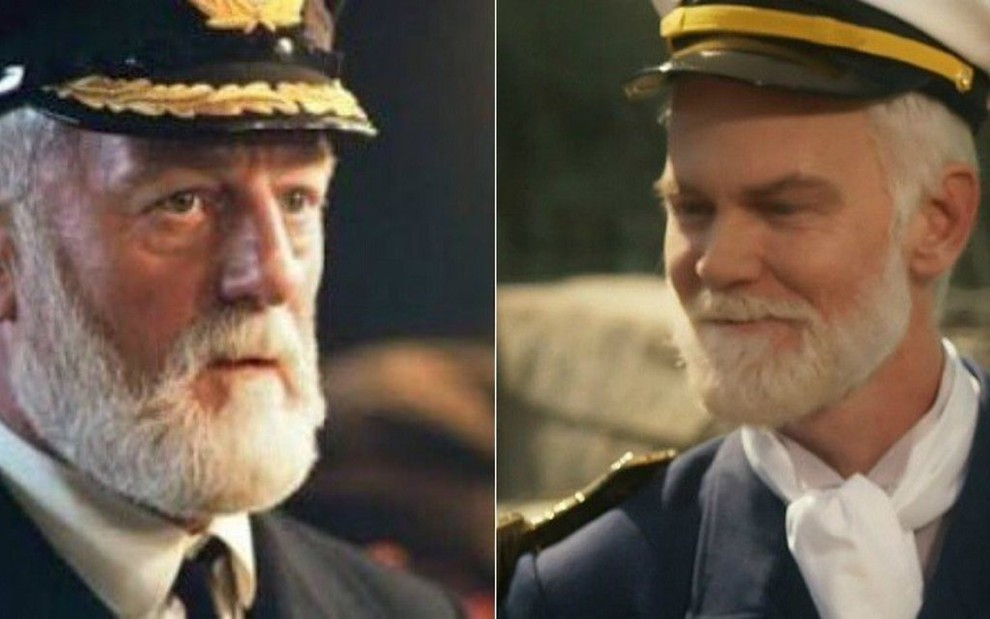 Capitão de Titanic, no filme de 1997, e o capitão do navio de O Tempo Não Para: semelhança até na barba - Reprodução