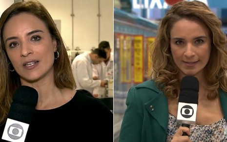 A repórter Veruska Donato no Jornal Hoje, em 2018, e no Bom Dia Brasil em 2019: do liso ao livre - Imagens: Reprodução/TV Globo