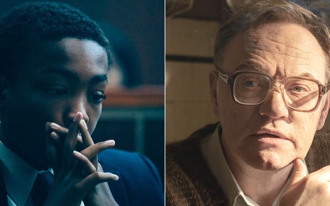 O ator Asante Blackk reflexivo em Olhos que Condenam; Jared Harris fuma um cigarro em Chernobyl