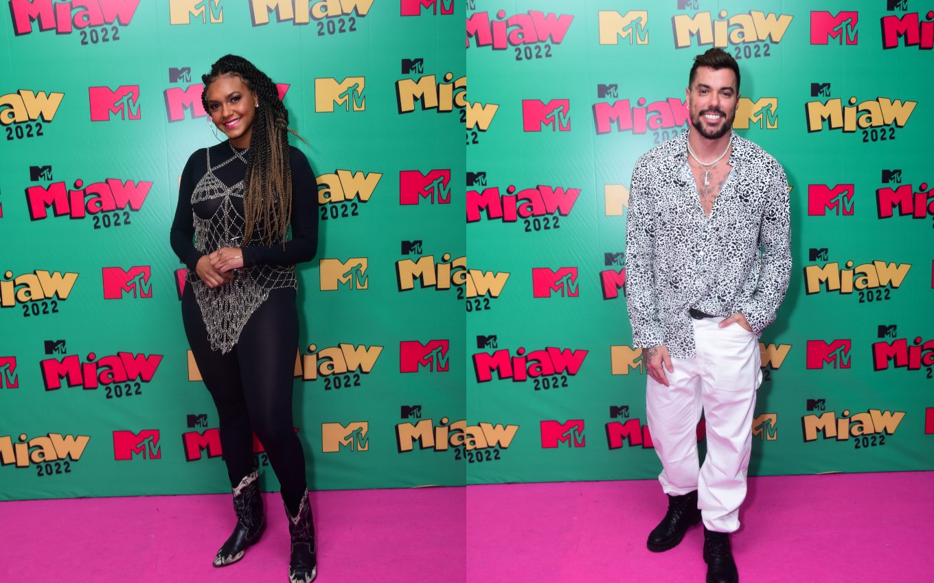 Ex-BBB Jessilane aposta em correntes em evento da MTV, enquanto Lipe Ribeiro prefere look despojado