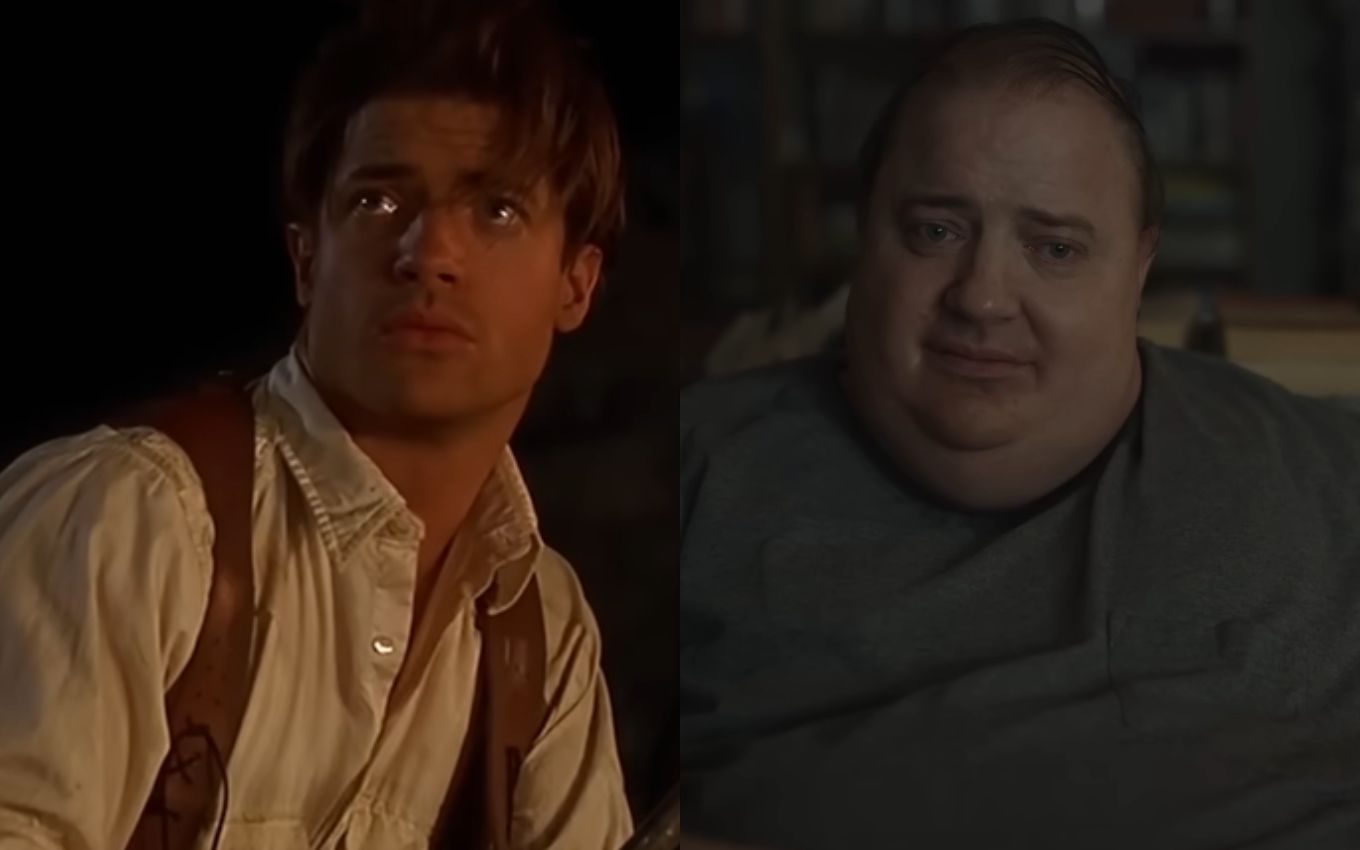 À esquerda, Fraser como Rick O'Connell em A Múmia (1990); à direita, o ator como Charlie em The Whale (2022)