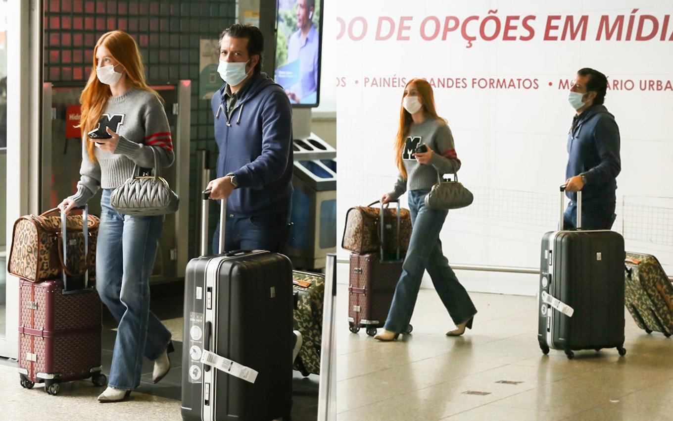 Marina Ruy Barbosa e Guilherme Mussi no desembarque do aeroporto de Congonhas