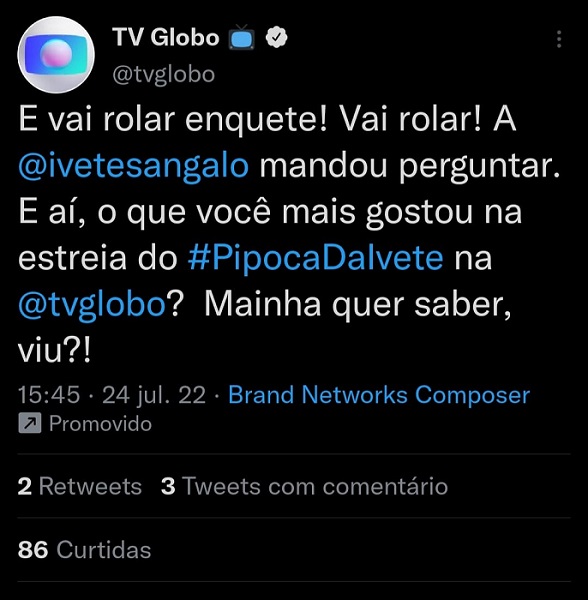 Post da Globo engajado para ouvir críticas sobre o Pipoca da Ivete