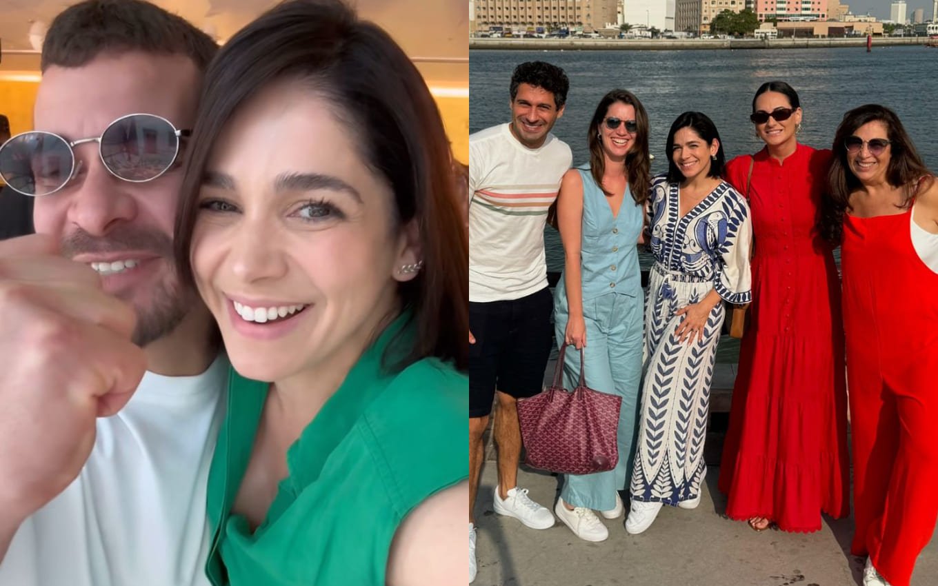 Sabrina Petraglia com Thiago Martins, e uma foto do grupo passeando por Dubai