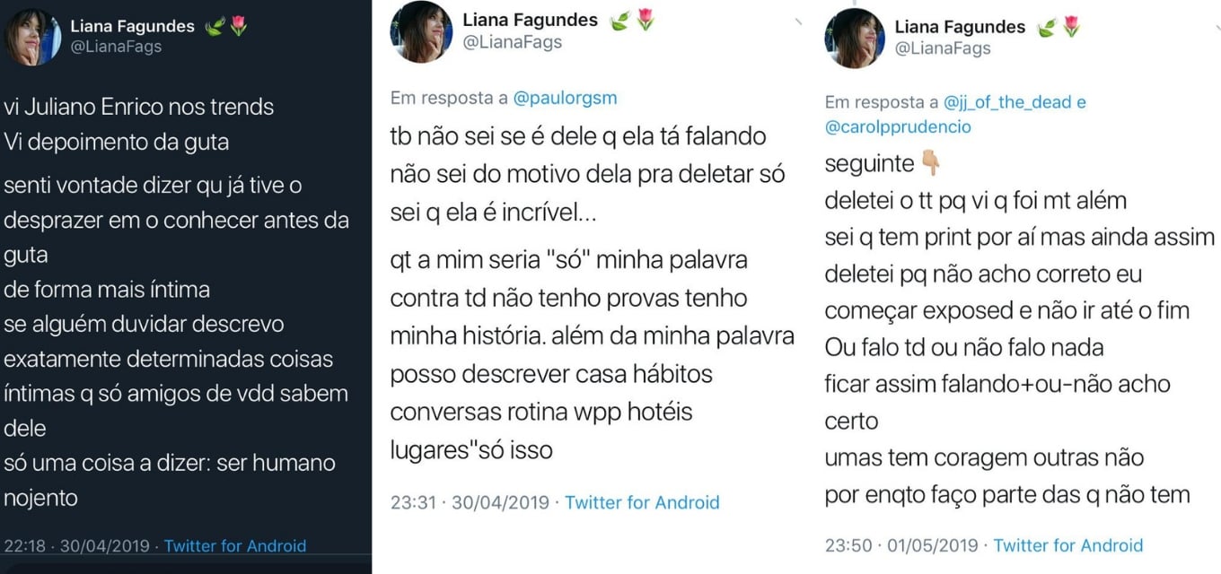 Liana Fagundes comenta no Twitter sobre o assédio atribuído a Juliano Enrico